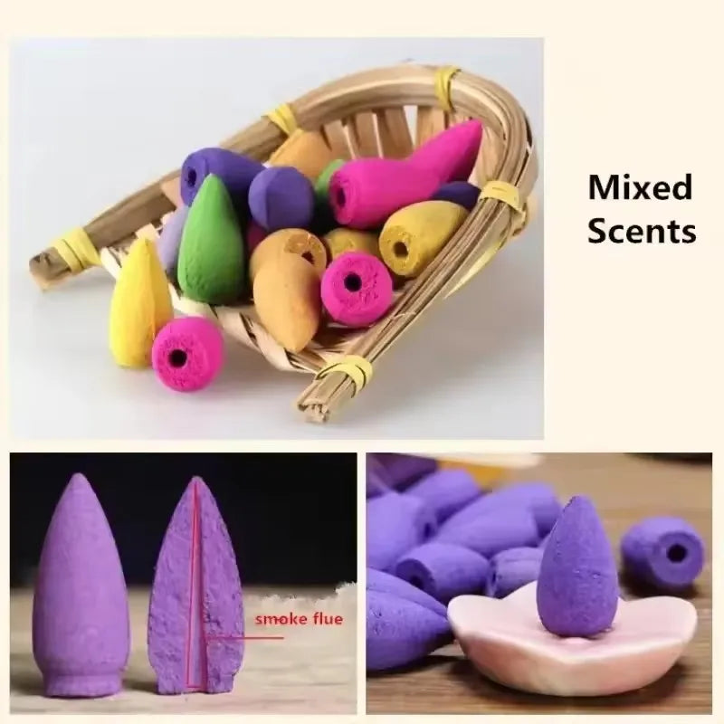 Mixed-color backflow incense cones arranged in a woven basket, with cone close-up