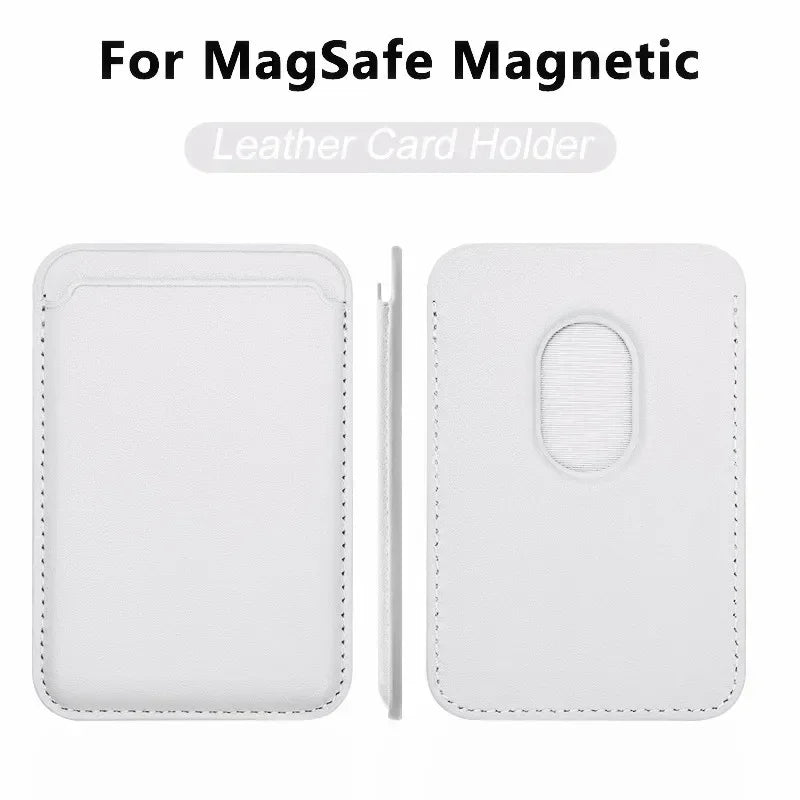 Magnetic card holder, white leather; front pocket, back oval slot, side magnet strip