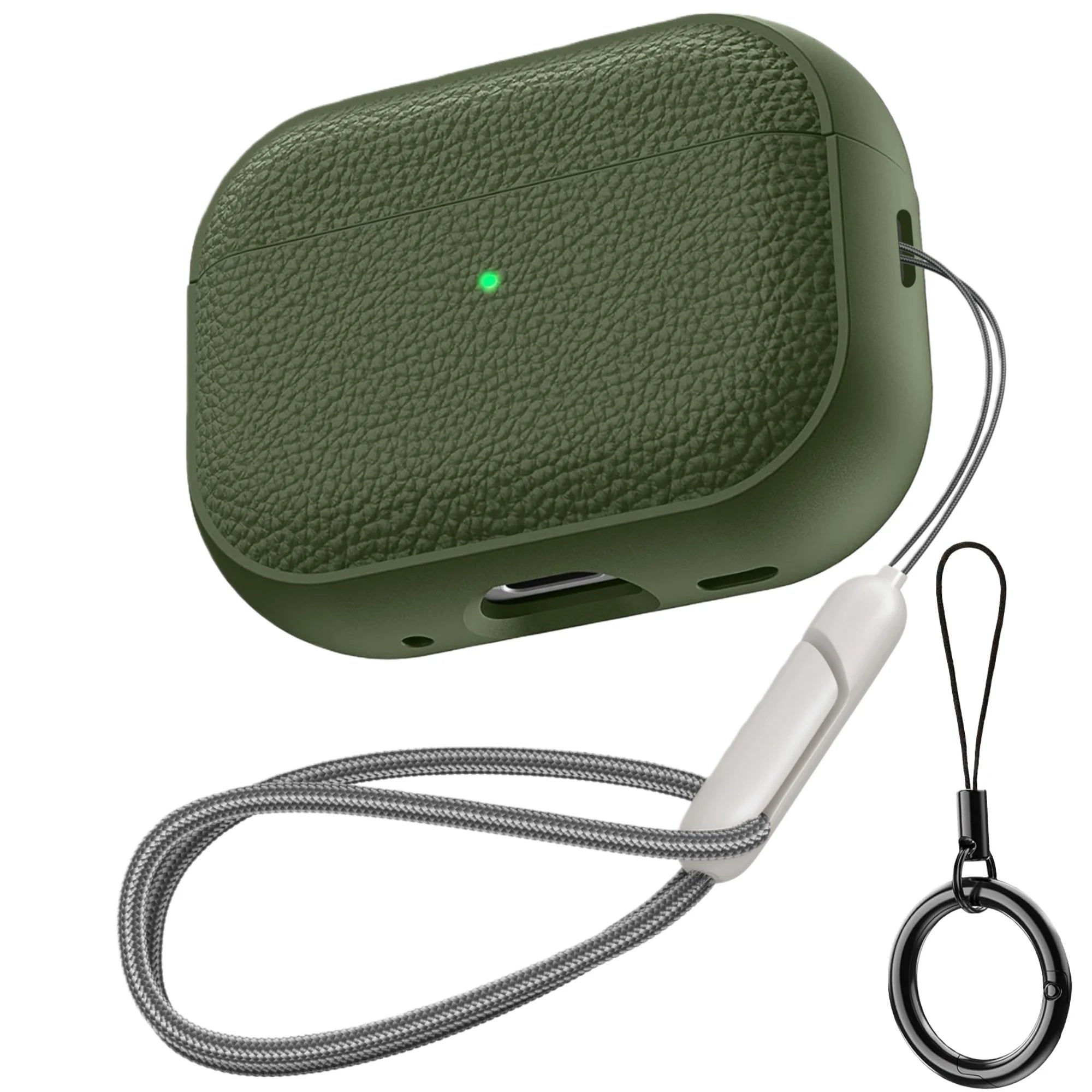 Emerald Sage green TPU AirPods case with keychain ring and woven lanyard