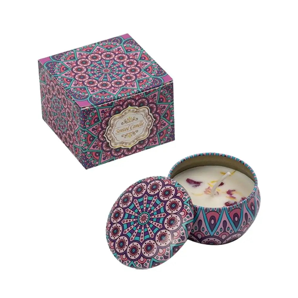 Vintage scented candle jar with purple mandala pattern lid and white wax with petals