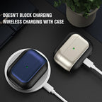 Champagne gold AirPods case with black leather trim and charging cable connected