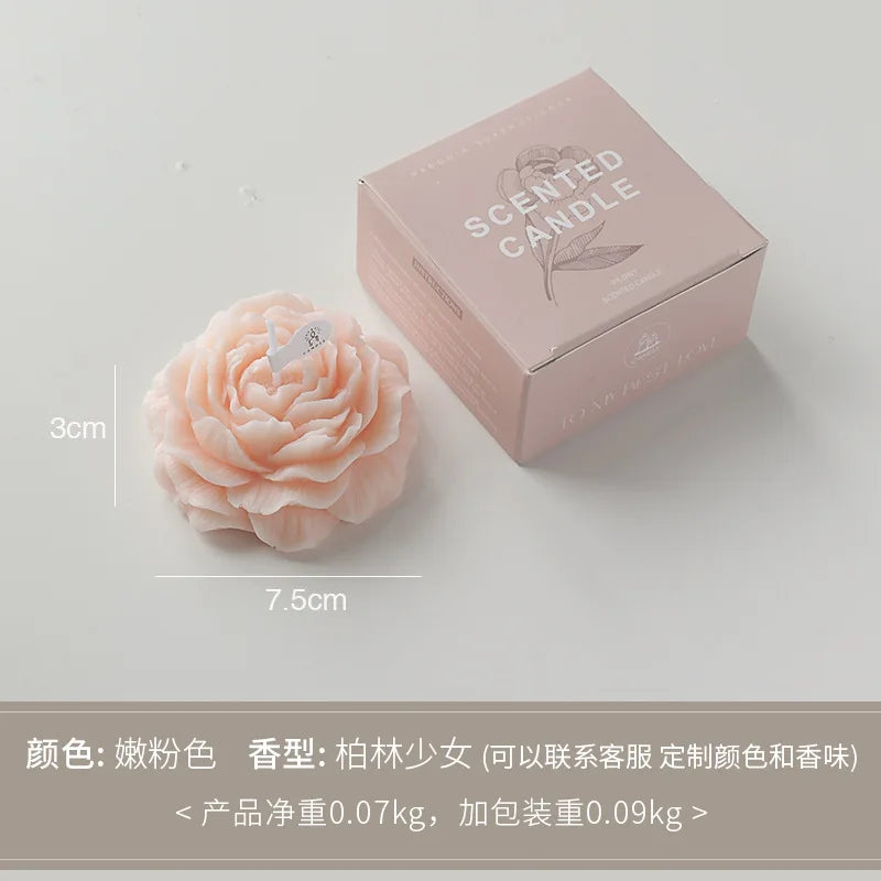 Peony sculptural scented candle, peach-pink flower with box and size markers