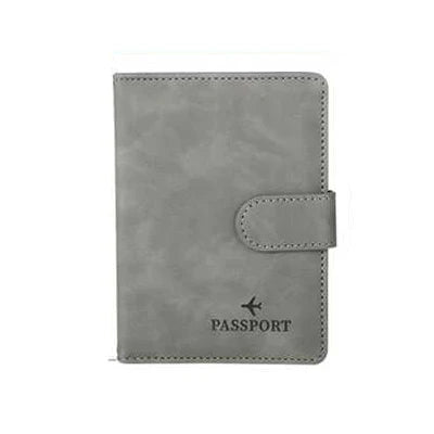 Gray passport folio with side strap tab and embossed “PASSPORT”