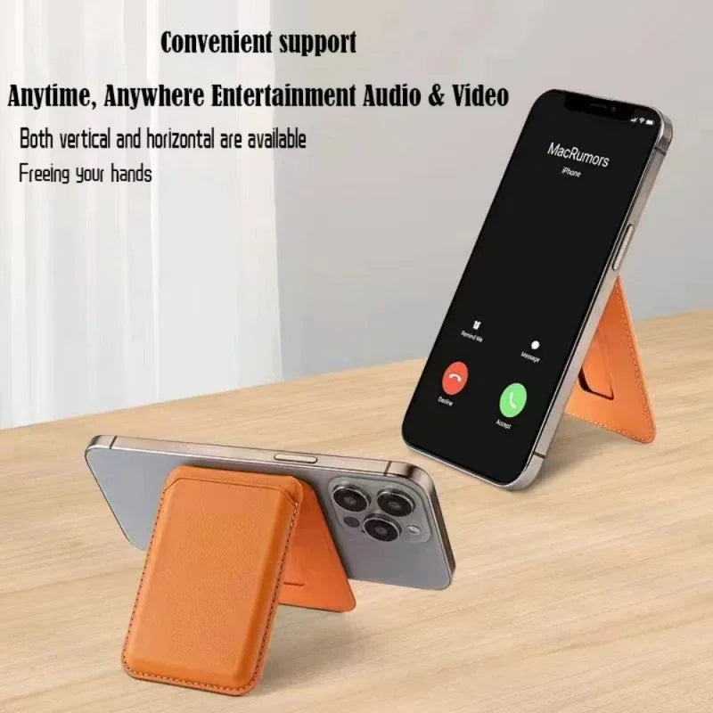 Hide stand wallet propping a phone, orange leather-look back with support