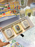 Coffret de bougies 190 g : figuier, citronnelle et cyprès, pots en verre ronds.
