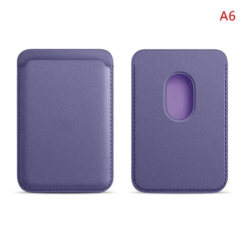 Magnetic wallet in purple leather, back view featuring an oval card window