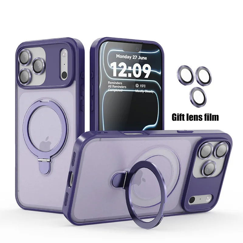 Matte MagSafe phone case with ring holder, purple finish, camera cutouts and raised edges