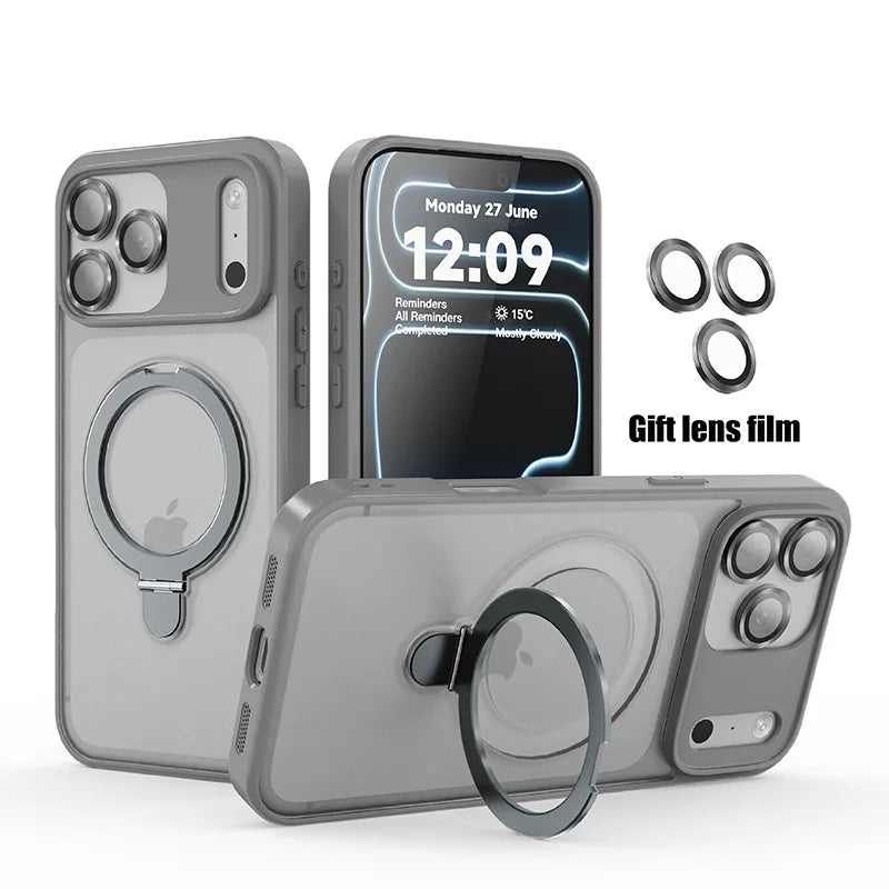 Matte MagSafe phone case with ring holder, light gray finish, camera cutouts and raised edges