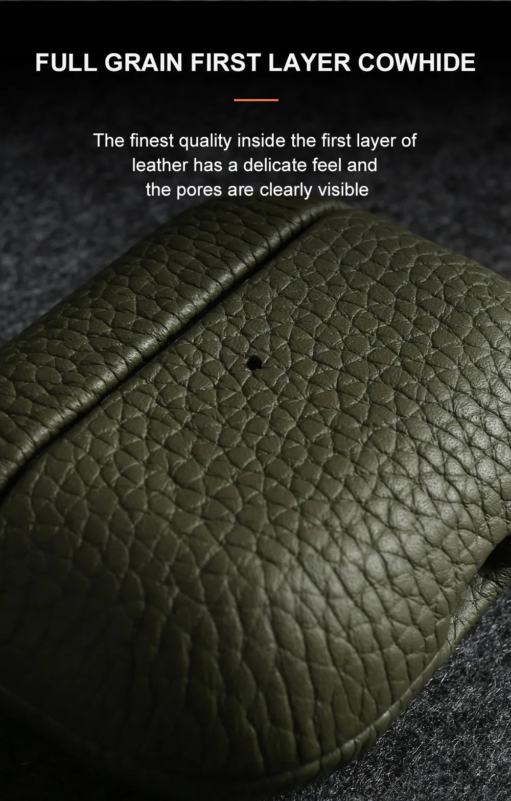 Close-up of dark green pebbled leather surface on an AirPods case