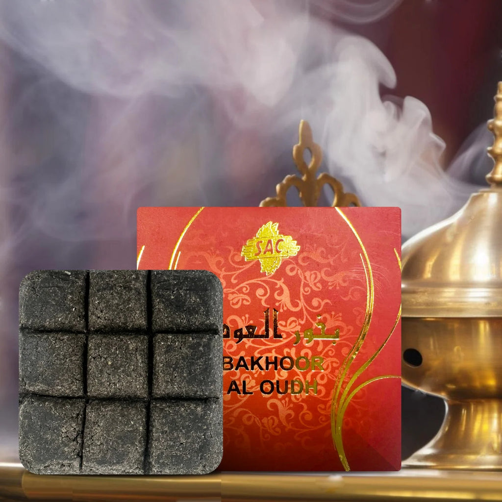 Bakhoor al oudh red box with dark charcoal incense bricks and incense smoke