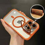 Orange magnetic lens phone case with camera lenses and magnetic ring detail