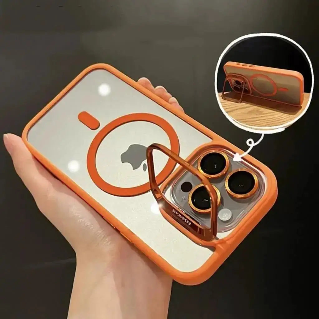Orange magnetic lens phone case with camera lenses and magnetic ring detail