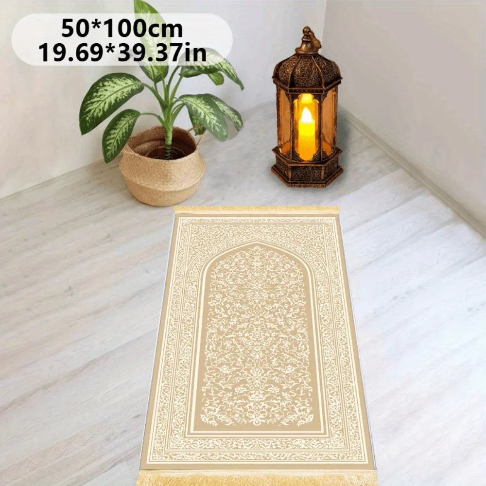 Cream and gold prayer rug with ornate arch medallion and 50x100cm size