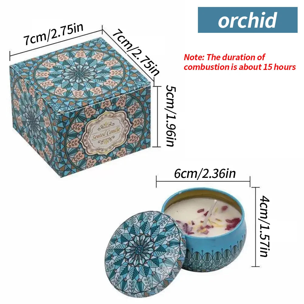 Orchid floral aromatherapy candle, blue patterned tin with matching lid