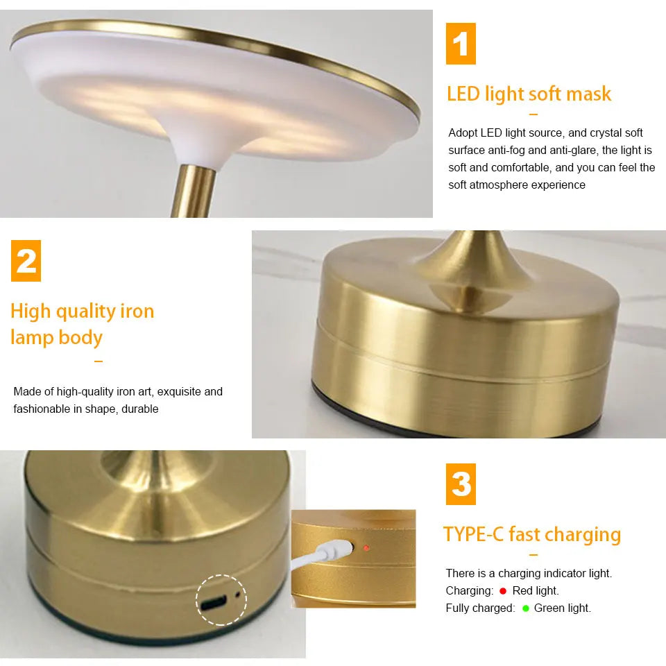Gold cordless reading lamp with LED soft mask top and Type-C charging port on base