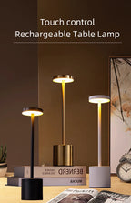 Rechargeable LED touch lamps with black, gold, and white bases, each with glowing top