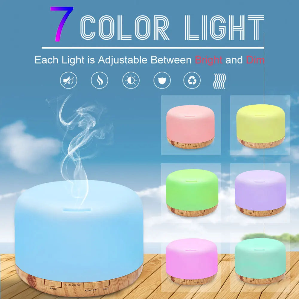 Aroma diffuser humidifier with glowing 7-color LED lids and mist from the top