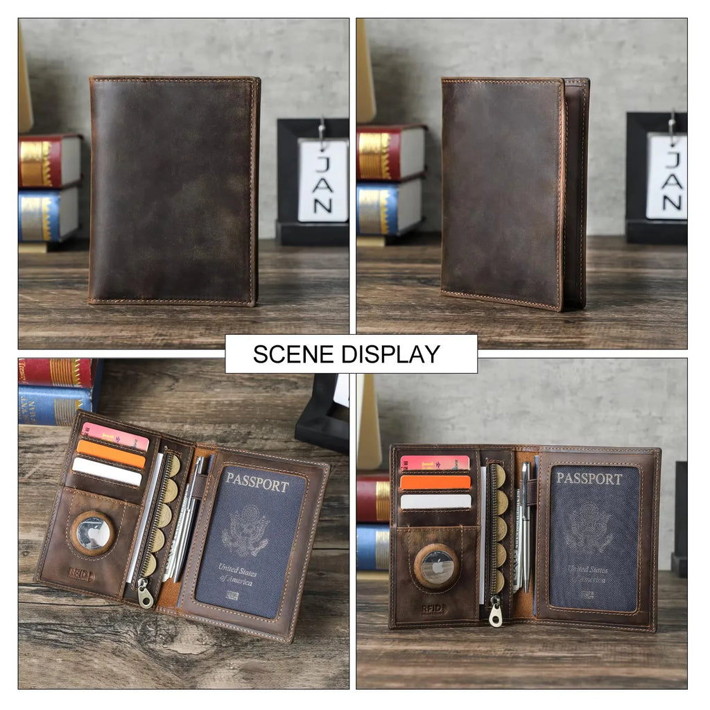 Brown leather passport wallet, closed and open views with passport window and card slots