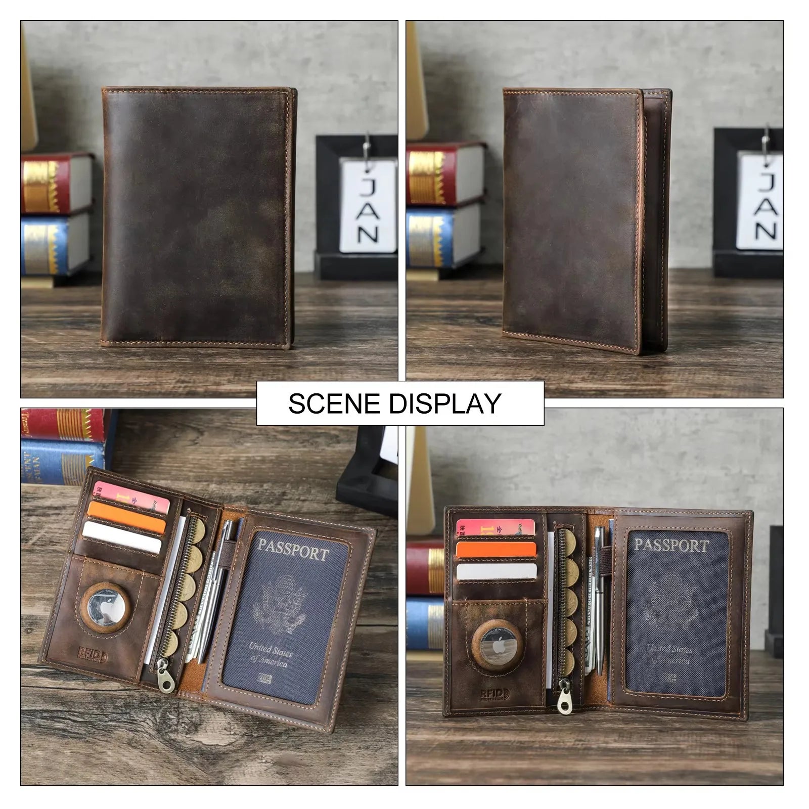 Brown leather passport wallet, closed and open views with passport window and card slots