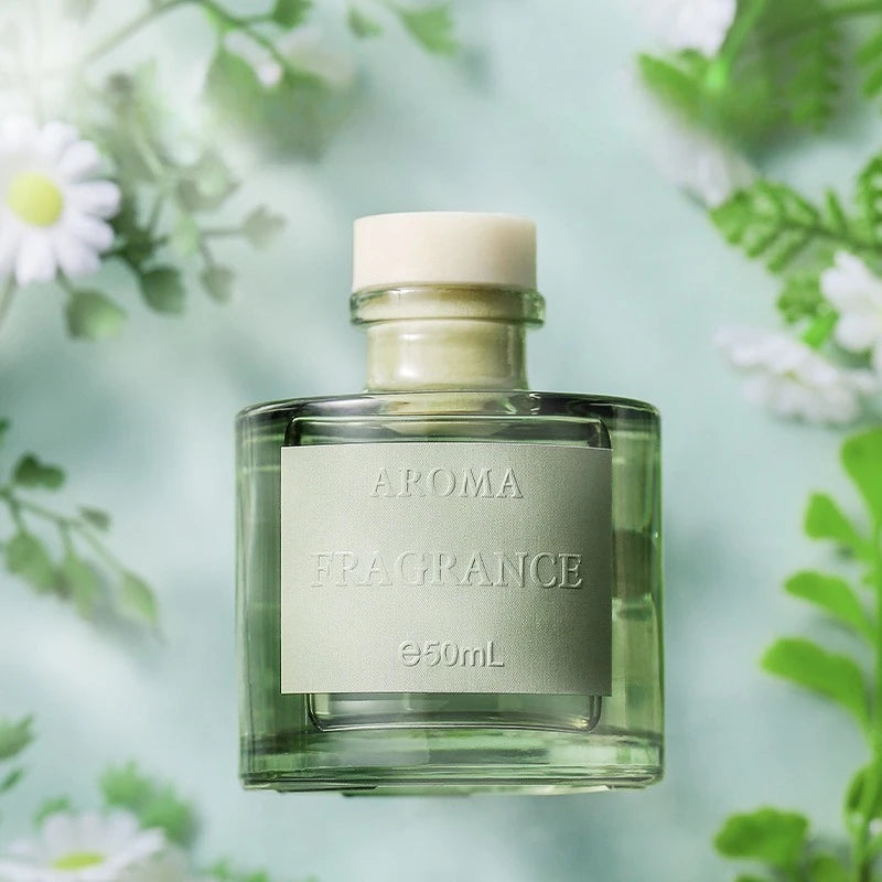 50ml reed diffuser bottle with white cap and green glass, floral label