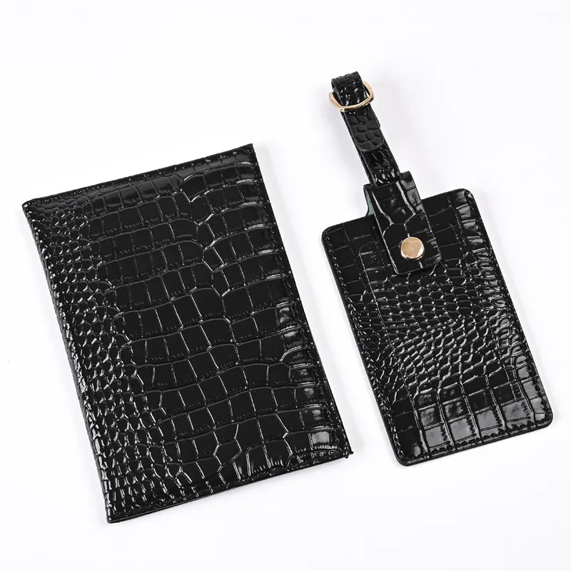 Midnight Black vegan leather passport cover with croc texture and metal clasp tab