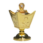 Gold metal incense holder with crown bowl, engraved palm motifs, and gem finial lid