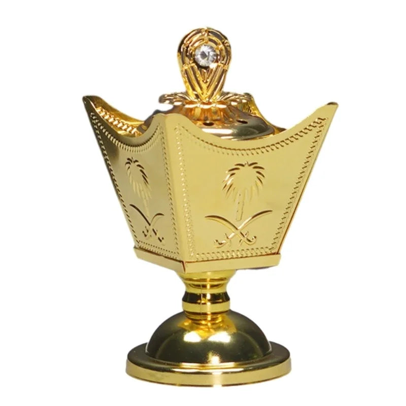 Gold metal incense holder with crown bowl, engraved palm motifs, and gem finial lid