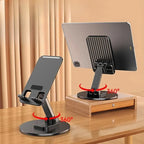 Rotating foldable phone and tablet stand with black base and adjustable arm, 360° view
