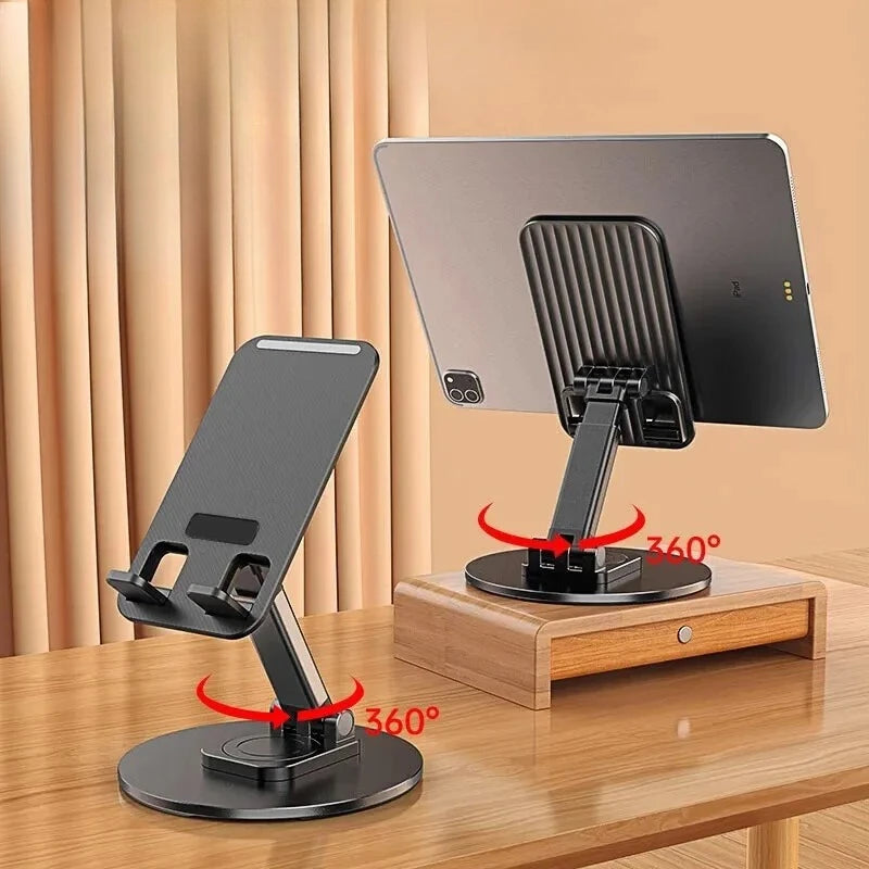 Rotating foldable phone and tablet stand with black base and adjustable arm, 360° view