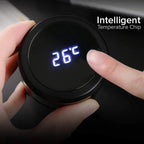 Dual-wall smart thermos LED base with temperature reading 26°F, held by hand