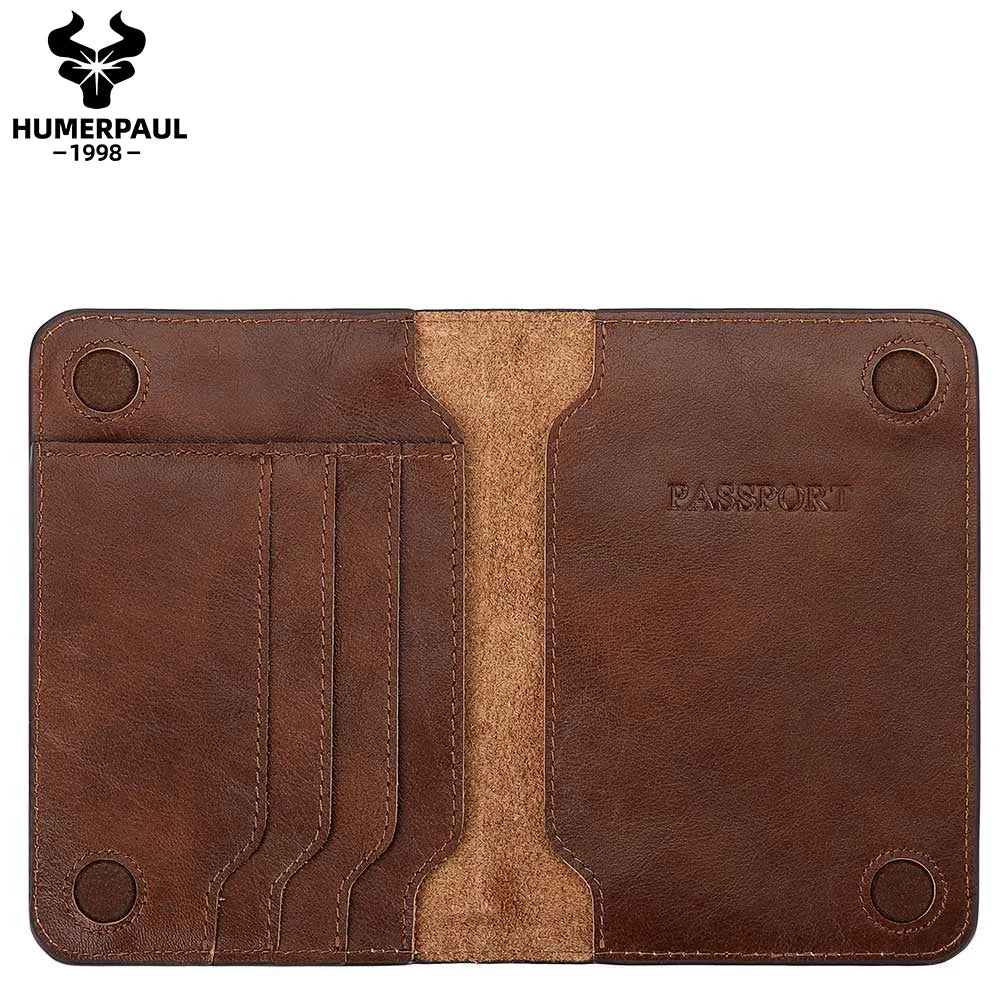 Inside view of warm espresso leather passport wallet with “PASSPORT” emboss and 4 card slots