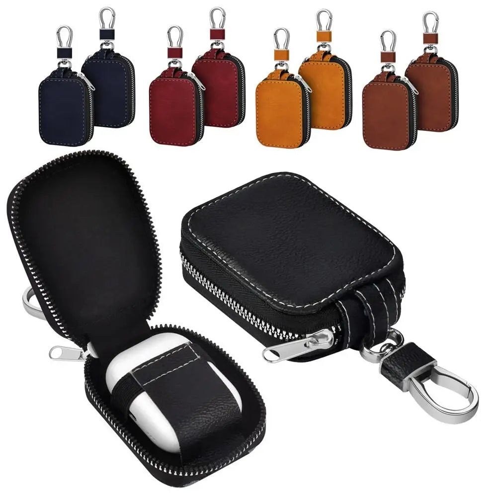 PU leather earphone covers with metal keyring and zipper, dark blue, red, brown, orange