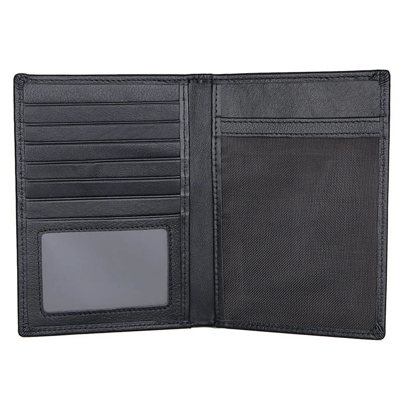 Midnight black travel document wallet interior with multiple card slots and photo window.