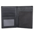 Midnight black travel document wallet interior with multiple card slots and photo window.