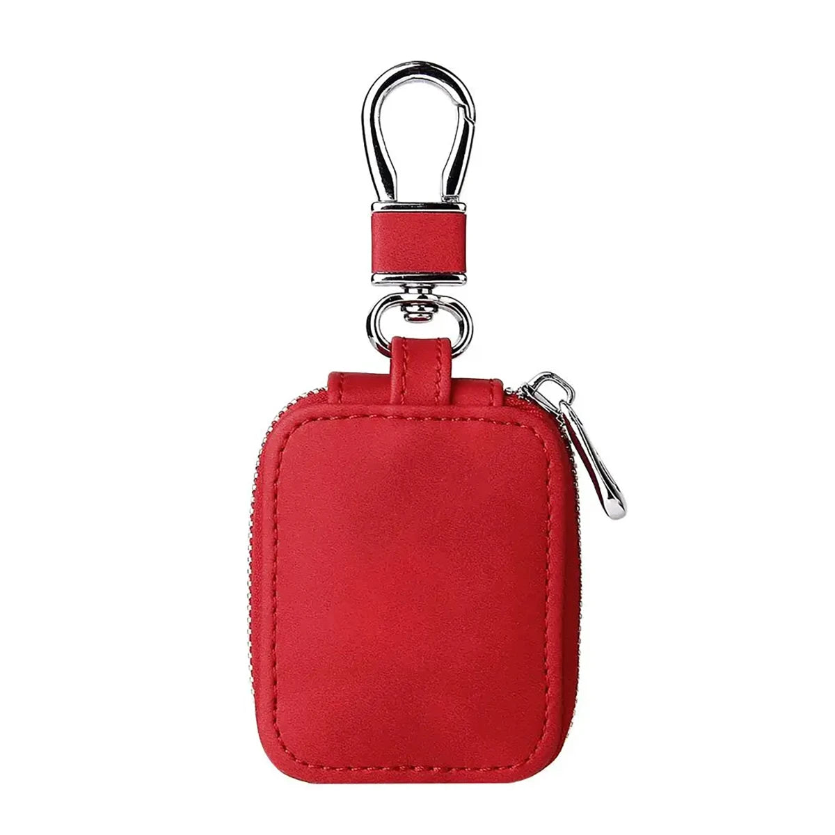 Leather AirPods travel case, red single with keyring loop and zipper pull tab