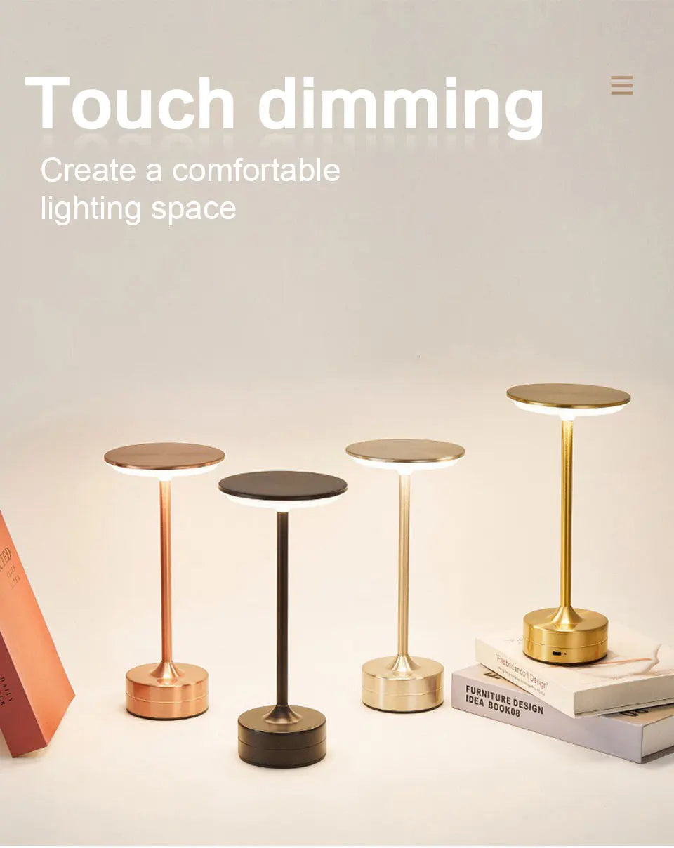 Touch-dimming ring-style table lamps with round light heads on different bases
