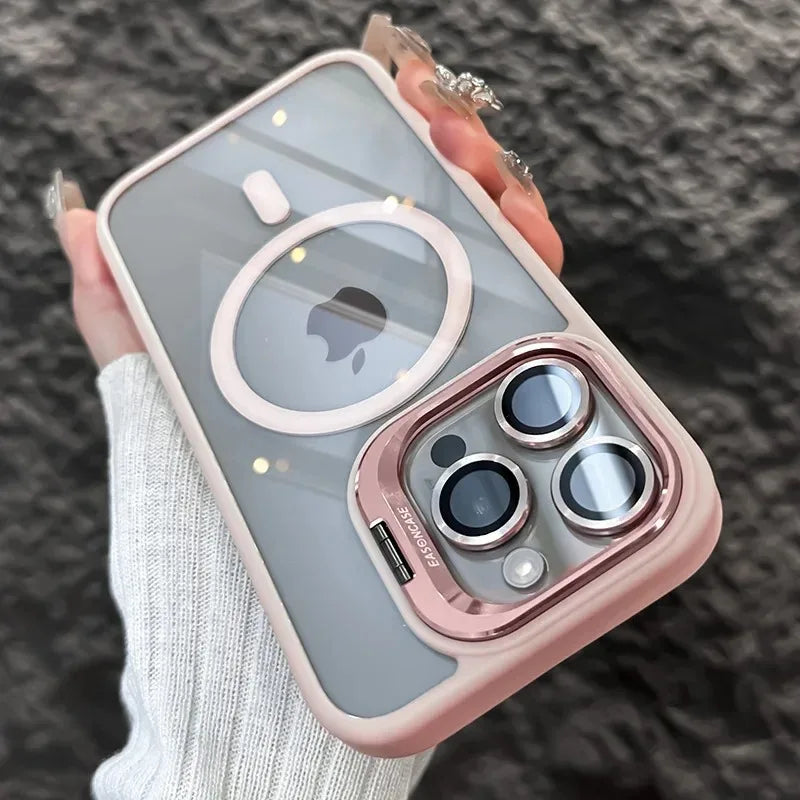 Light blue phone case with magnetic lens ring and camera cutout, rose-pink frame