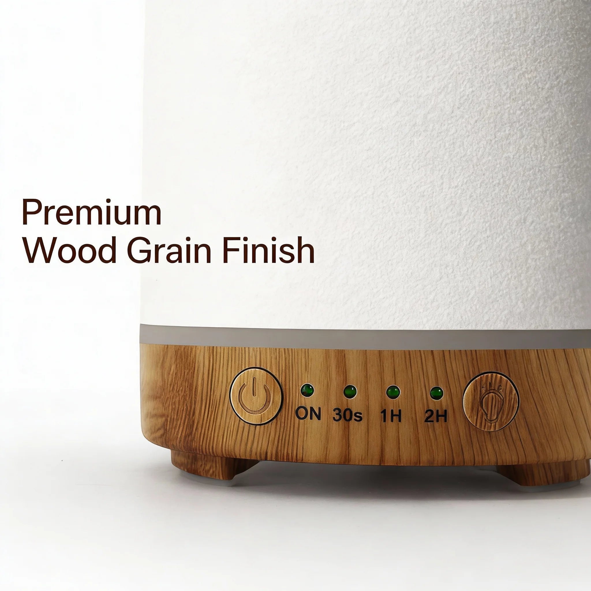 Wood-grain base with power and timer buttons (30s, 1H, 2H) for ceramic diffuser
