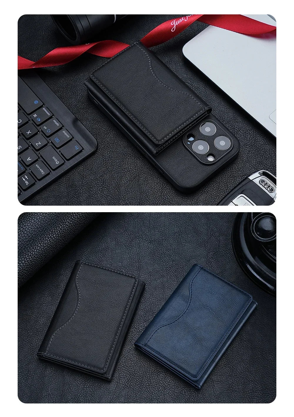 Citadel pouch magnético negro y azul, con bolsillos y acabado de piel