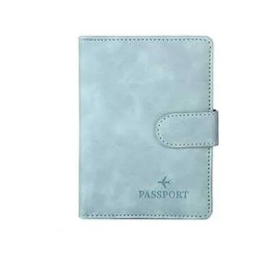 Light blue passport folio with snap strap, “PASSPORT” text, and airplane emblem