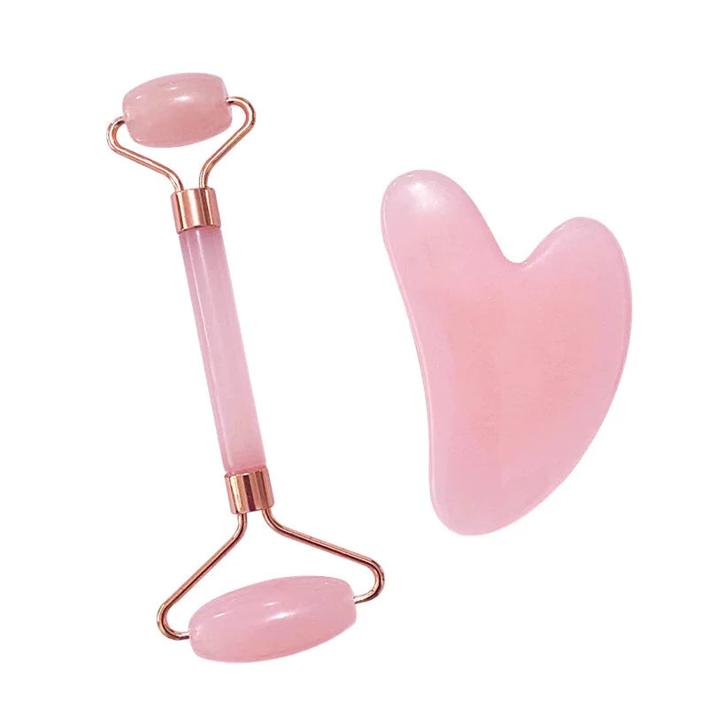 Pink jade roller: rose quartz–tone stone roller and heart-shaped gua sha tool