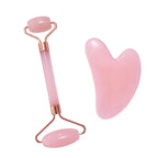 Pink jade roller: rose quartz–tone stone roller and heart-shaped gua sha tool