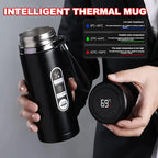 Black LED thermos flask with digital temperature display reading 68°C and carrying strap