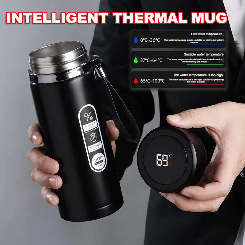 Black LED thermos flask with digital temperature display reading 68°C and carrying strap