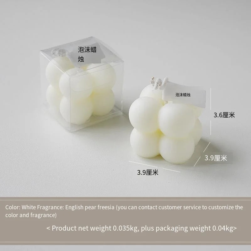 White bubble candle cluster in clear cube box with size markings (3.9 cm, 3.6 cm)