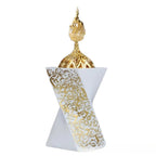 White resin bakhoor burner with gold finial and decorative Arabic engraving