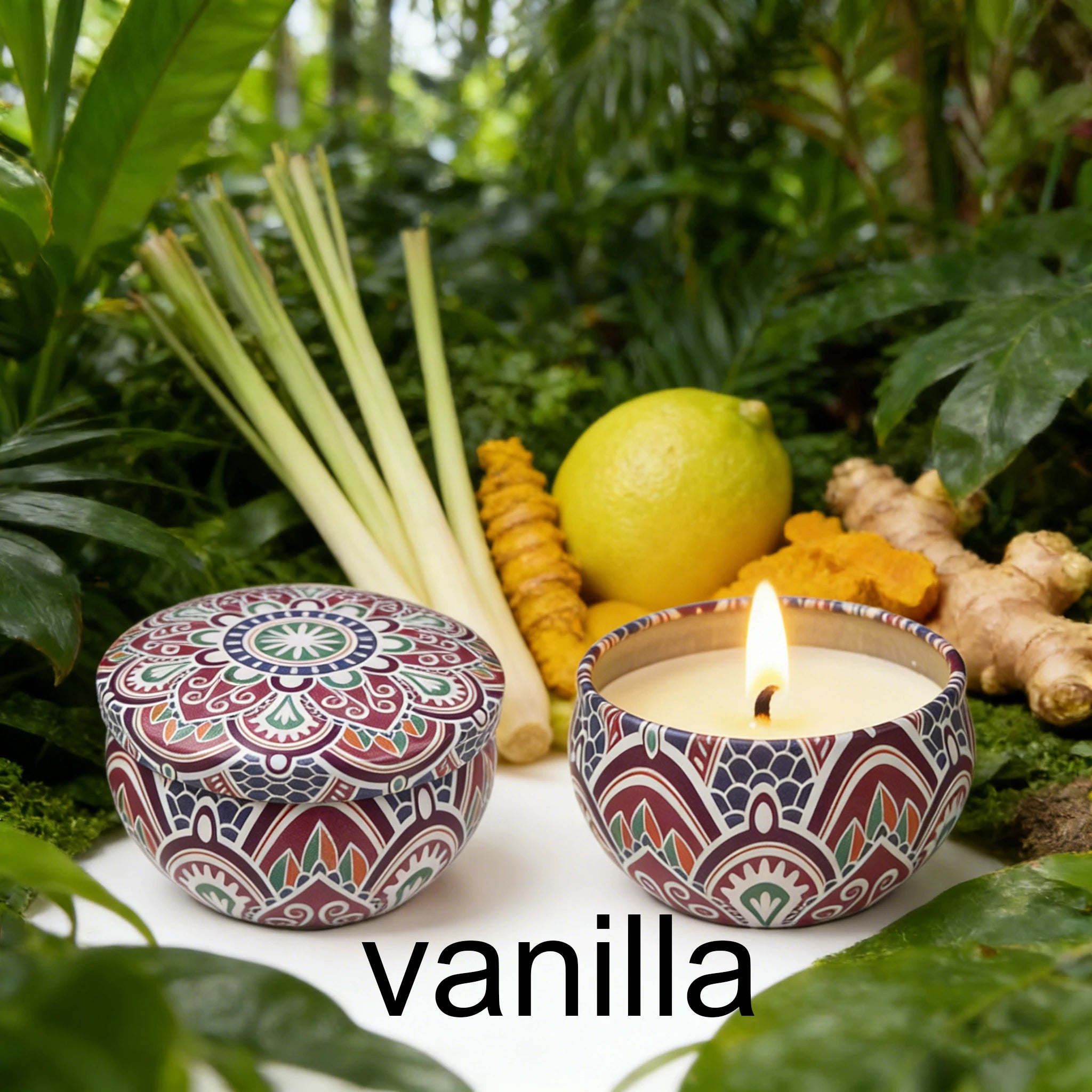 Tin candle in patterned jar—Vanilla scent.