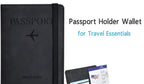 Black passport holder wallet with airplane emblem and card slots, travel document organizer