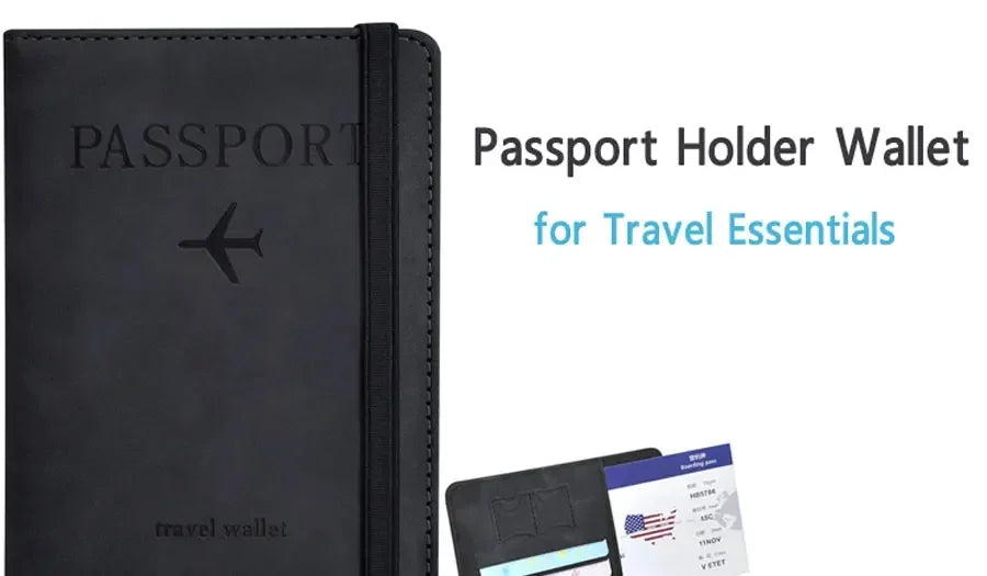 Black passport holder wallet with airplane emblem and card slots, travel document organizer