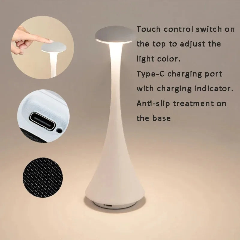 Pearl white cordless mushroom touch table lamp; tap top to adjust color, Type‑C charging port.
